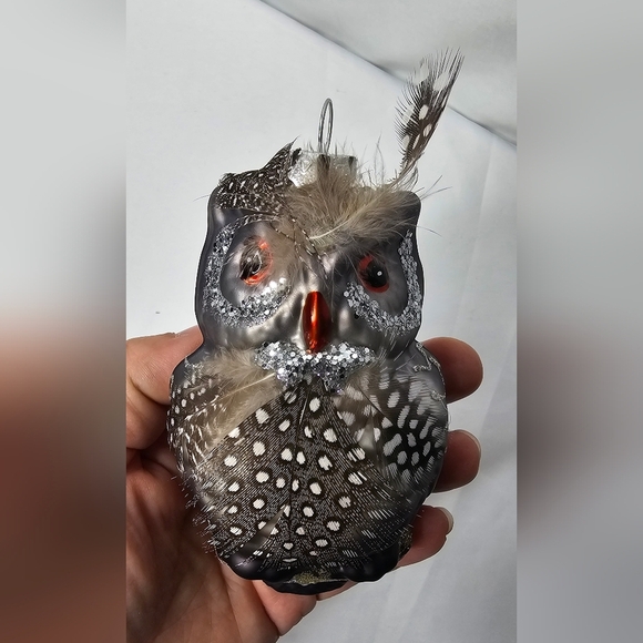 Vintage Blown Glass OWL 5" Christmas Ornament Brown Gradient Glitter Feathers - Picture 3 of 7